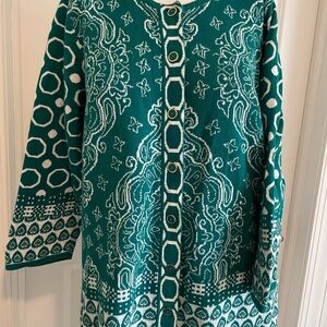 Isaac Mizrahi Teal and White Patterned Knit Cardigan